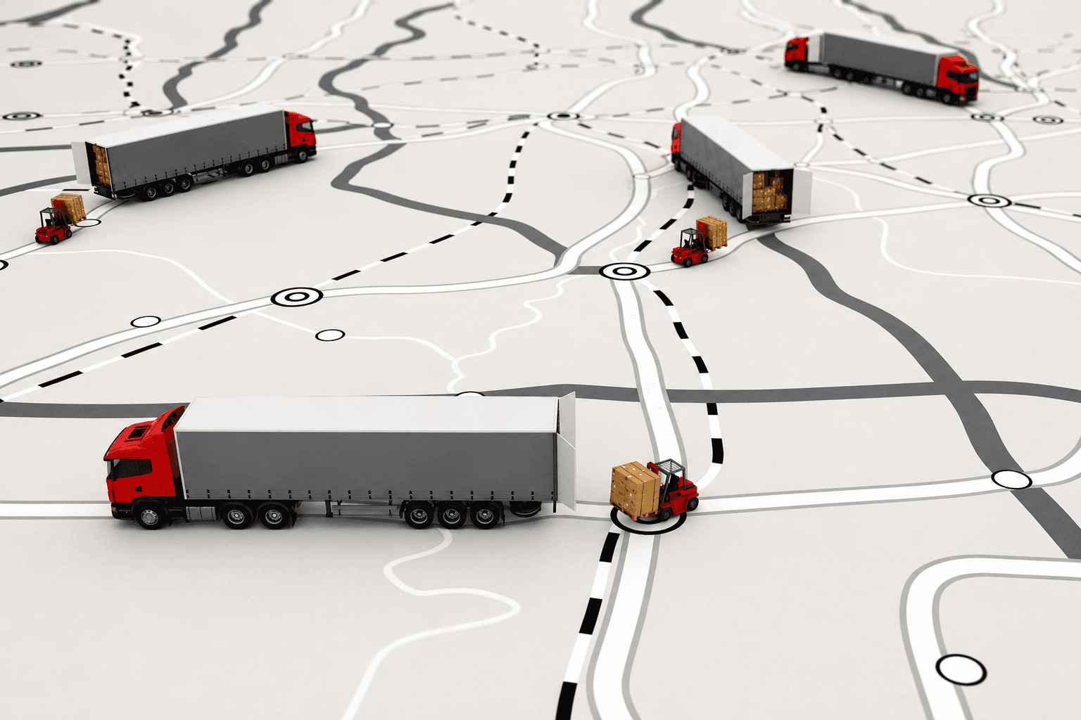 Map view representing routed service vehicles across a region