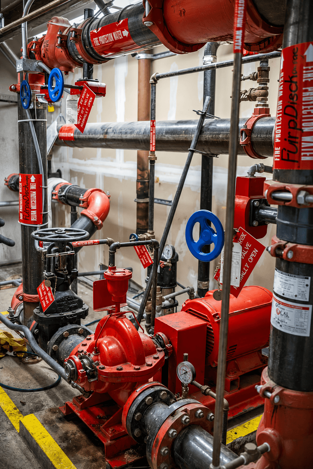Industrial fire protection pump system with labeled piping and valves