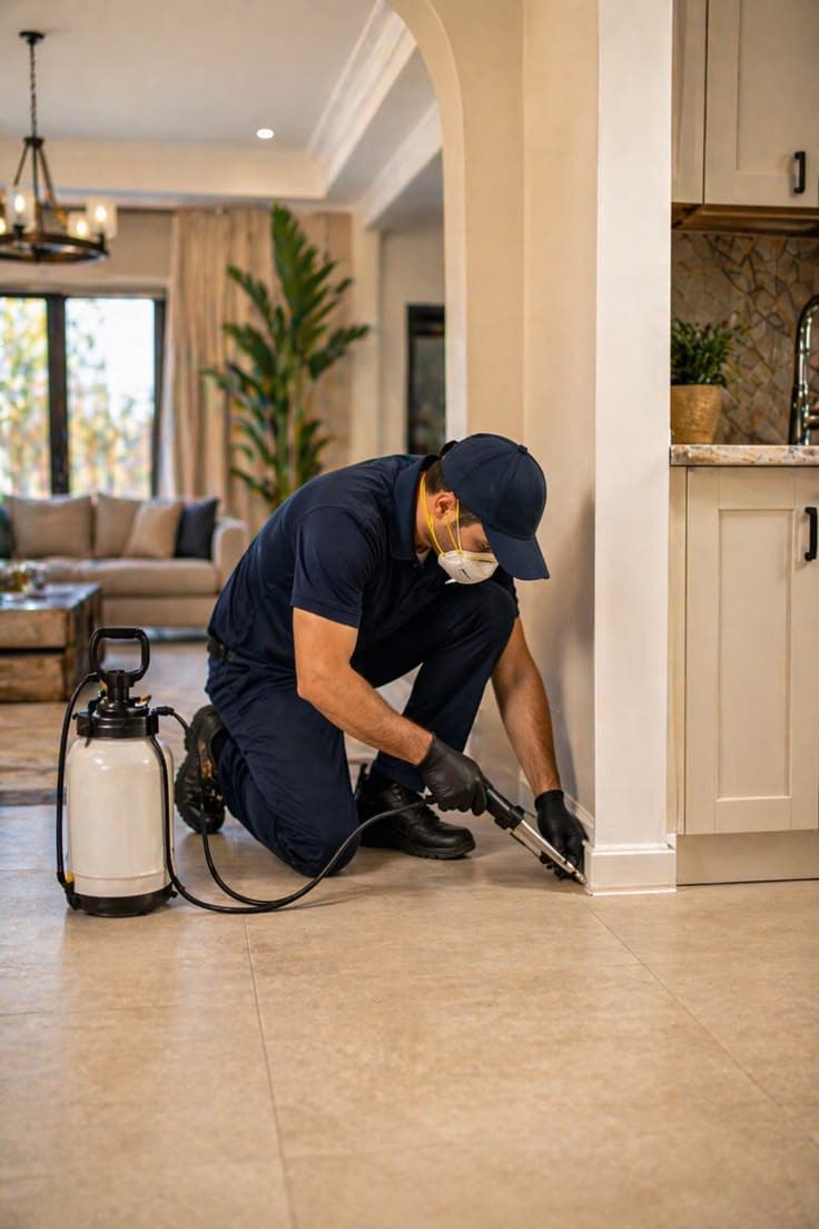 Technician in protective gear spraying along a baseboard indoors